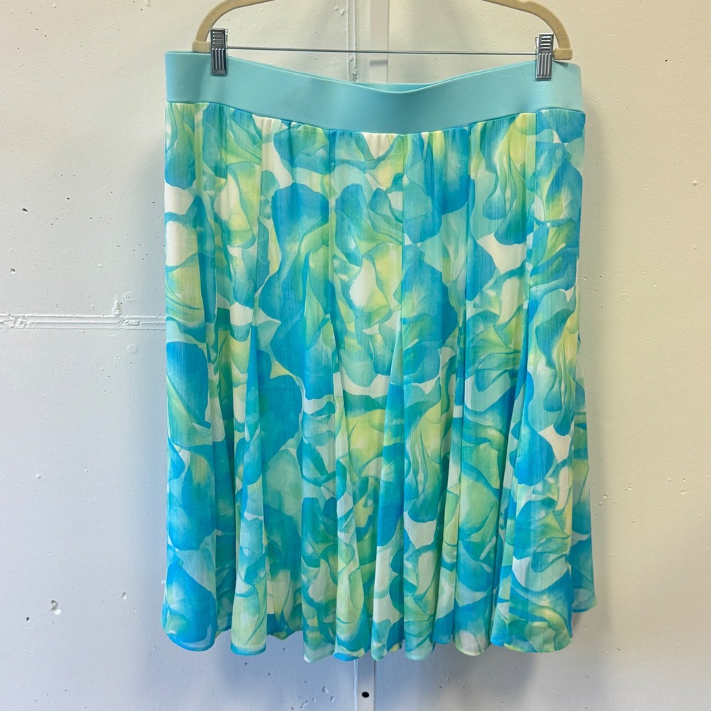Ruby Rd. Boho Watercolor Floral Pleated Knee Length Mini Skirt Plus Size 1X Blue